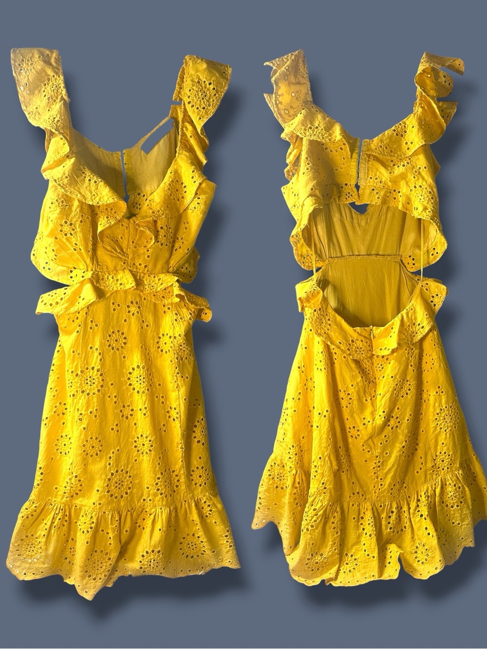 ASTR The Label Open Back and Side Eyelet Dress in Yellow. Size Medium - Picture 2 of 14